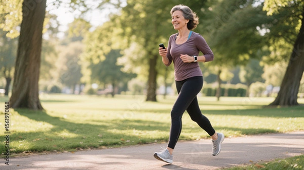 Fototapeta Middle-aged woman staying active with brisk walking and wearable technology, highlighting exercise benefits during perimenopausal stage