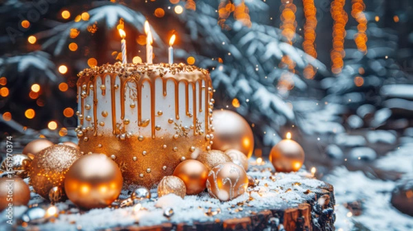 Fototapeta Festive cake with golden decorations and candles surrounded by ornaments in winter setting