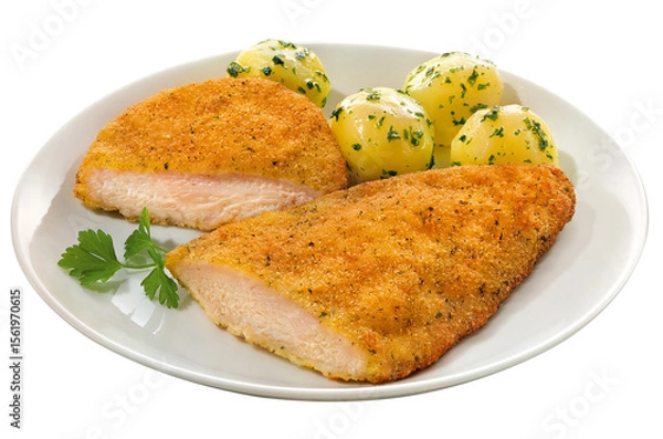 Fototapeta prato com filé de peito de frango empanado acompanhado de batatas cozidas com ervas isolado em fundo transparente