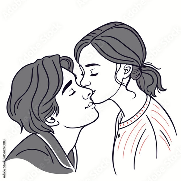Obraz Minimalistic line drawing of a couple sharing a gentle kiss, portraying emotional depth and romantic intimacy.
