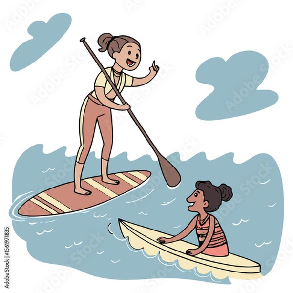 Obraz Colorful cartoon of a couple surfing together, capturing energy, excitement, and bonding through action and love.