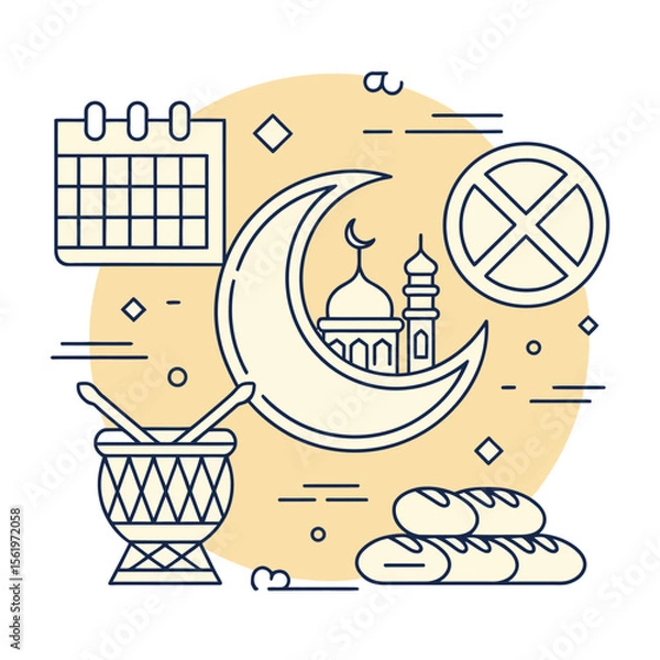 Fototapeta ramadan fasting symbols collection featuring calendar grid, mosque in crescent, drum, bread plate, and abstaining sign in modern vector style