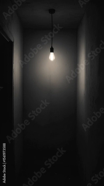 Obraz 暗い空間に吊るされた電球の光 - 孤独、サスペンス、アイデア、ミニマルな恐怖を表現する抽象的・コンセプト背景