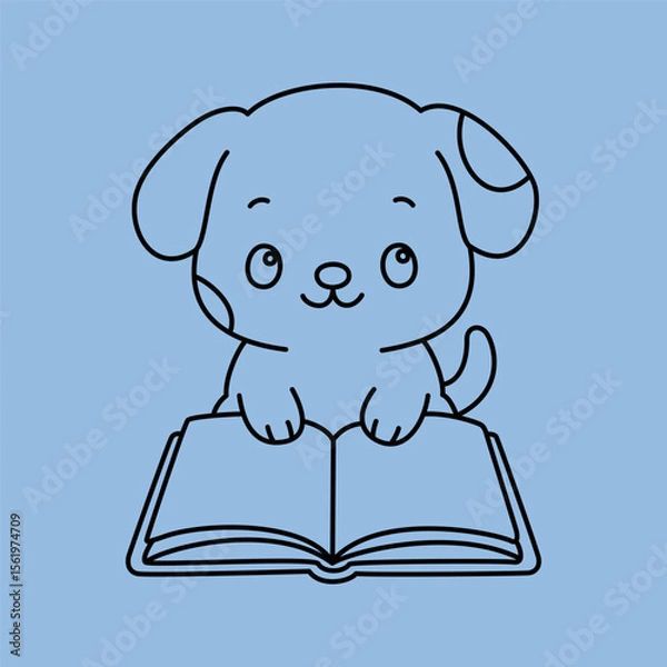 Fototapeta Cute puppy reading open book, kawaii cartoon vector illustration for kids and book lovers