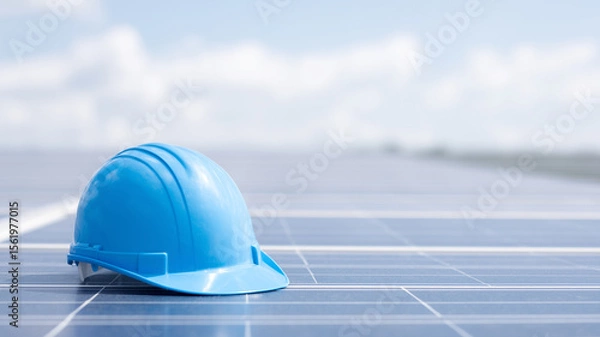 Fototapeta Blue safety helmet on solar panel with cloudy sky background, symbolizing renewable energy and construction safety awareness