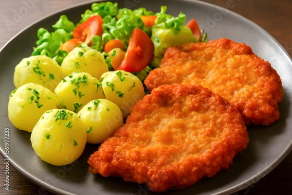 Obraz Tradycyjny obiad – kotlet schabowy z ziemniakami i sałatką