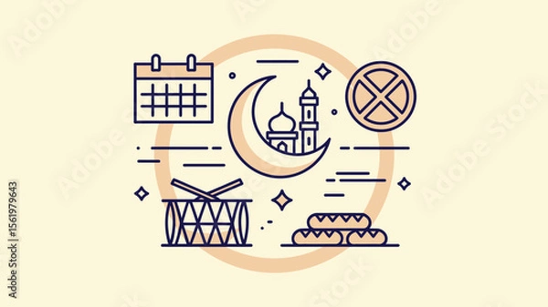 Fototapeta ramadan and eid symbols set including crescent moon over mosque, drum, food plate, islamic calendar and spiritual icons in vector design