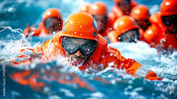 Fototapeta Rescue team in bright orange suits navigating turbulent waters during emergency training exercise