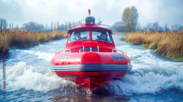 Fototapeta Red rescue boat navigating through water with splashes and reeds on the shoreline