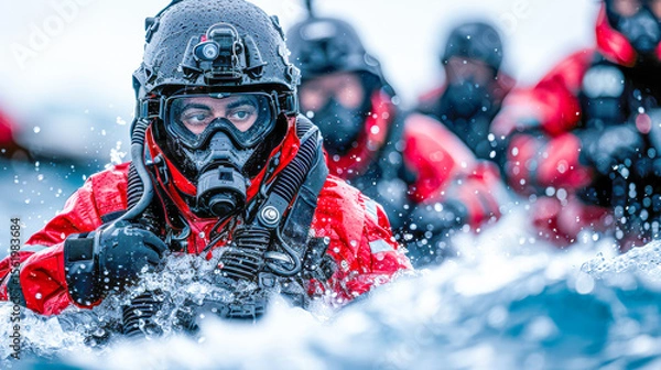 Fototapeta Diver in red wetsuit navigating through turbulent water with team in background