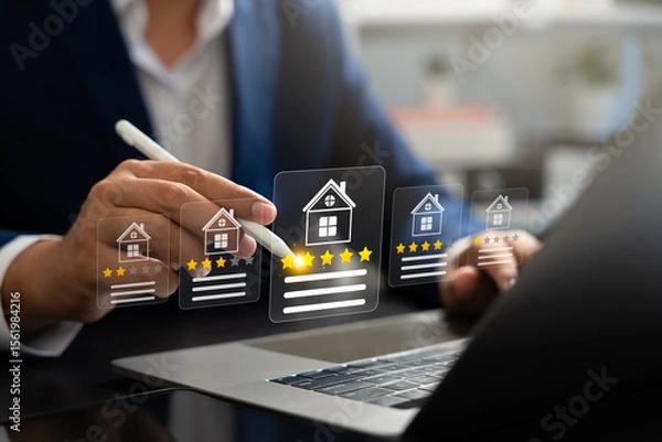 Obraz Businessman using digital pen on laptop give five-star rating for real estate property,Representing house evaluation,Online feedback,Smart technology,Digital service review in the real estate market