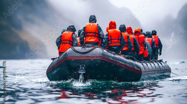 Fototapeta Group of adventurers in orange life jackets on a rubber boat navigating through misty waters