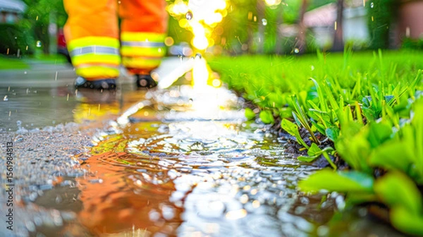 Fototapeta Worker in bright rain gear walking through puddles on a sunny day with vibrant greenery