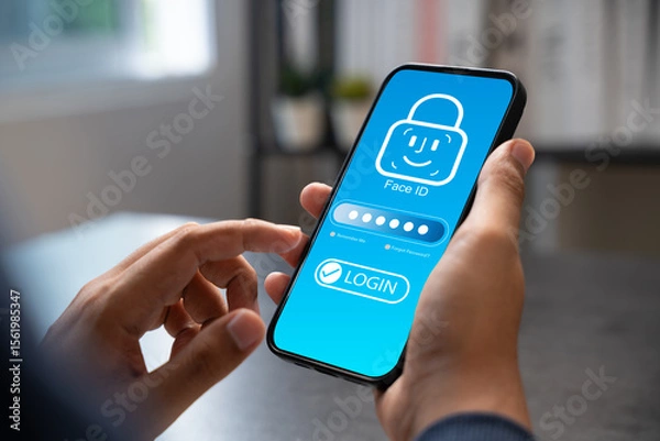 Fototapeta Person using smartphone with facial recognition and virtual password interface, Representing biometric authentication, Secure login, and digital identity protection in modern data security systems.