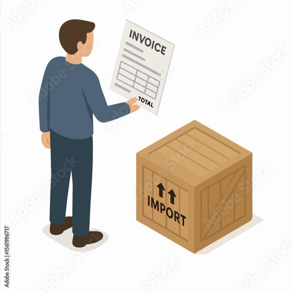 Fototapeta Isometric Detailed Man Checking Invoice Documents Inside Wooden Crate Illustration. white background