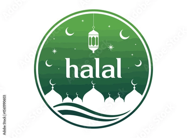 Fototapeta halal certification emblem with mosque silhouette, lantern, crescent moons and stars in green circular design representing islamic approval