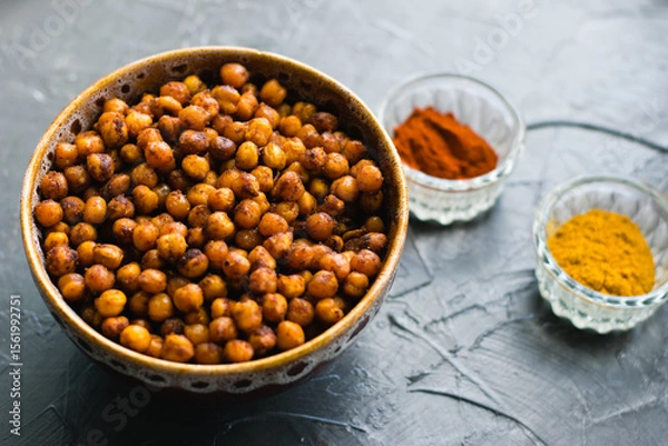 Fototapeta Delicious snack, fragrant baked with curry spices and smoked paprika chickpeas in a brown bowl and spices on a dark background with space for text. Healthy eating concept.