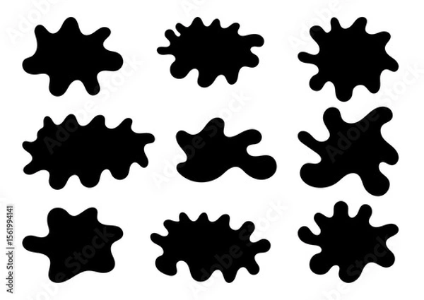 Fototapeta drops, ink stain shape, fluid or liquid shape, blot icon, blob shape doodle icon, drip splash shape, splashing or explosion symbol, free form hand drawn