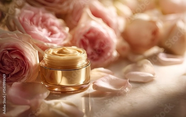 Fototapeta Luxurious face cream with rose petals, Face cream jar with rose petals in the air.Makeup face skin cream with rose flower petals. generative ai