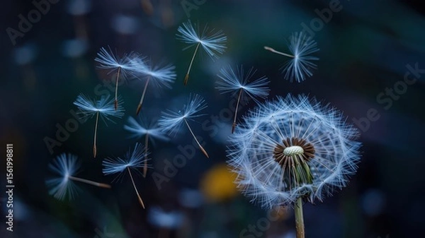 Fototapeta Dandelion seeds blowing in the wind against dark background