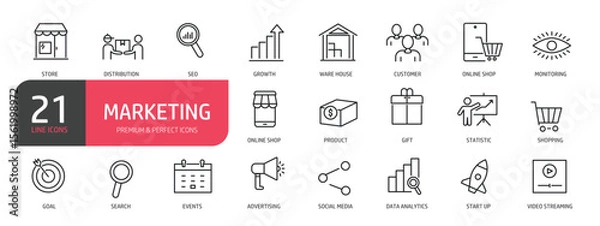 Fototapeta Set of line icons related to marketing, advertising, business, commerce. Outline icons collection. Editable stroke. Vector illustration