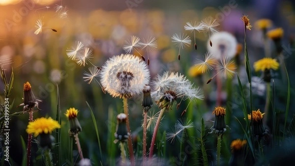 Fototapeta Dandelion flowers floating in the wind at sunset in a meadow  