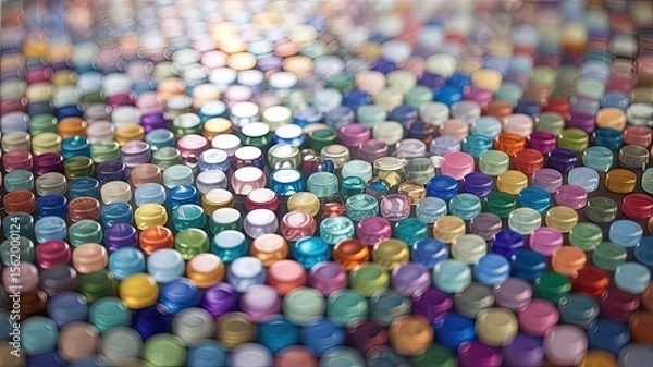 Fototapeta Colorful abstract pattern of glass marbles on wooden surface  