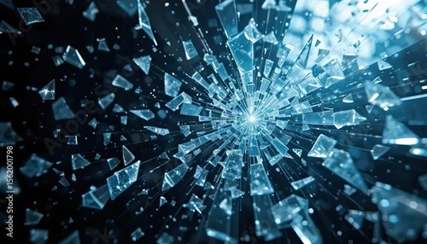 Fototapeta Shattered glass pieces exploding in dynamic motion against darkness  
