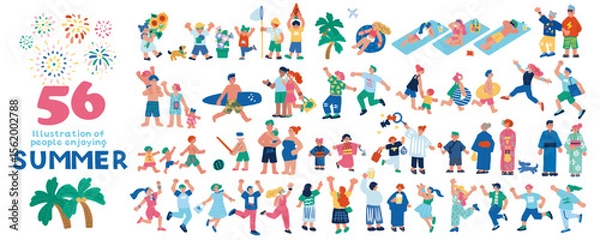 Fototapeta 夏を楽しむ人々のフラットな手描きのイラストセット
