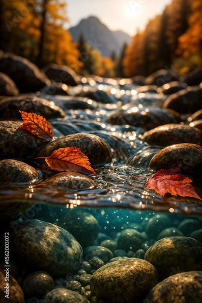 Fototapeta Crystal clear mountain stream flowing over smooth river rocks with autumn leaves creating color accents, close-up split-level perspective showing both underwater elements and surface.