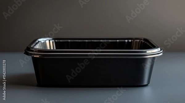 Fototapeta Black plastic takeout container with clear lid, empty food packaging on dark surface