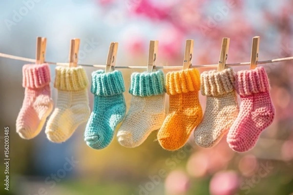 Fototapeta A line of adorable knitted baby socks in various pastel colors drying on a clothesline