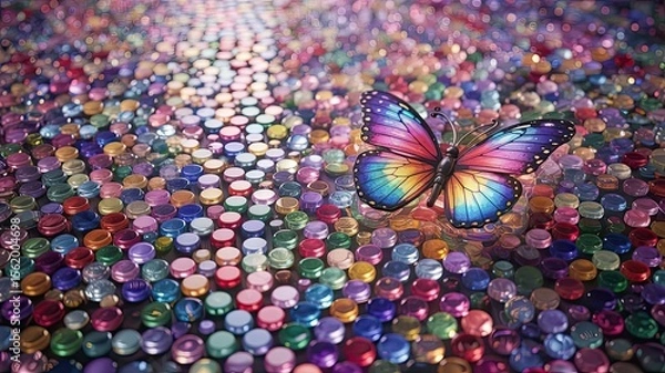 Fototapeta Colorful butterfly resting on vibrant beads background  