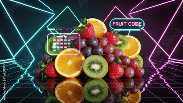 Fototapeta Colorful assortment of fruits arranged with neon geometric shapes