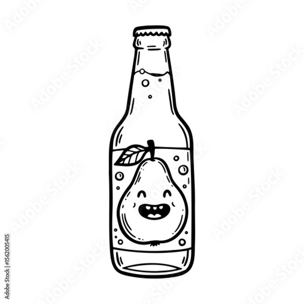 Fototapeta Cartoon pear soda bottle with smiling face and bubbles  