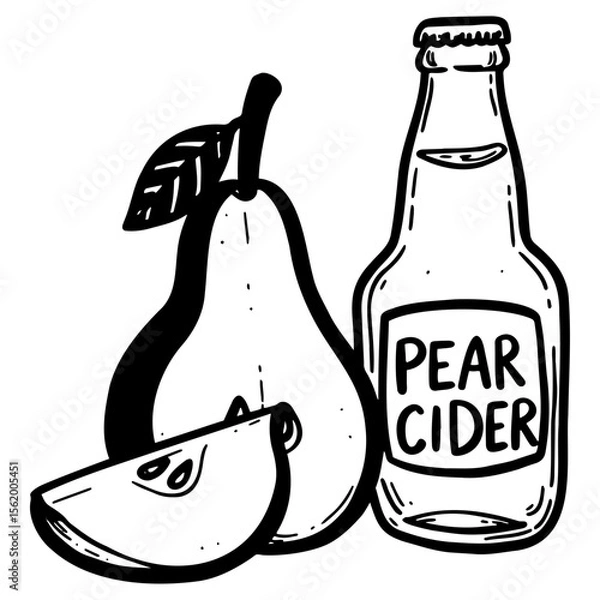 Fototapeta Pear cider bottle with sliced pear fruit in hand-drawn style  