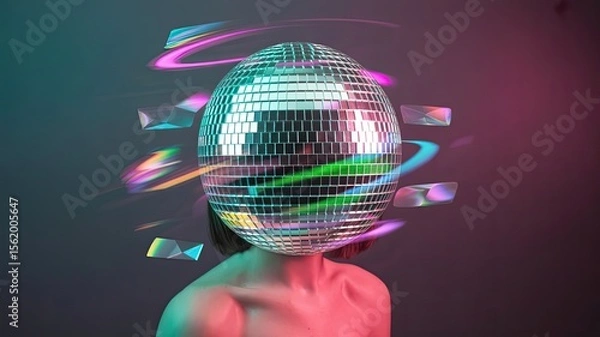 Fototapeta Abstract figure with disco ball head in colorful light setting  