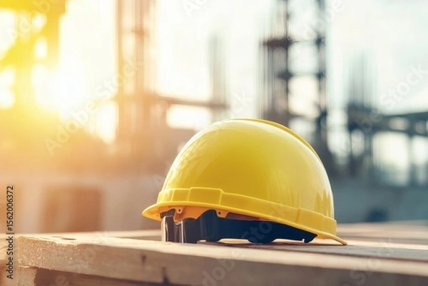 Obraz Yellow helmet on a blurred construction background.