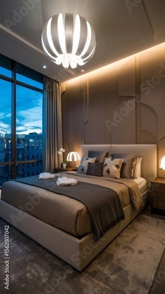 Fototapeta Stylish and cozy bedroom with a comfortable bed, modern lighting, and a bedside table creating a warm and inviting ambiance.