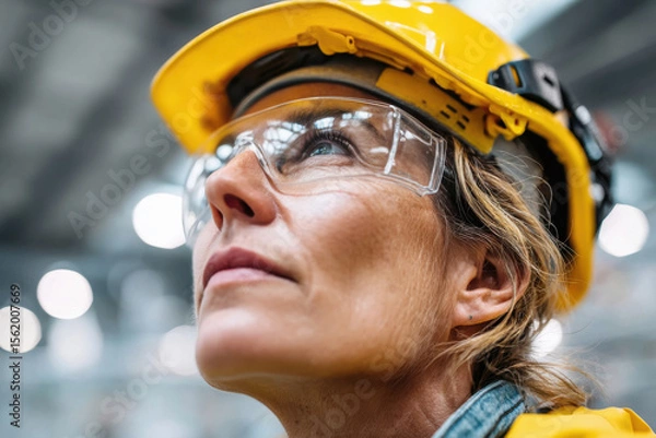 Obraz female engineer in eye glasses and hard hat