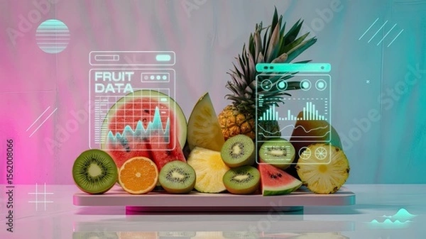 Fototapeta Colorful fruit display with digital data visuals on modern background  