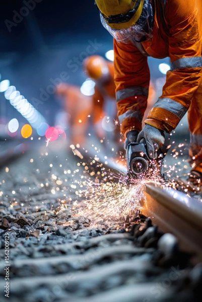 Obraz Male worker doing welding on railway track