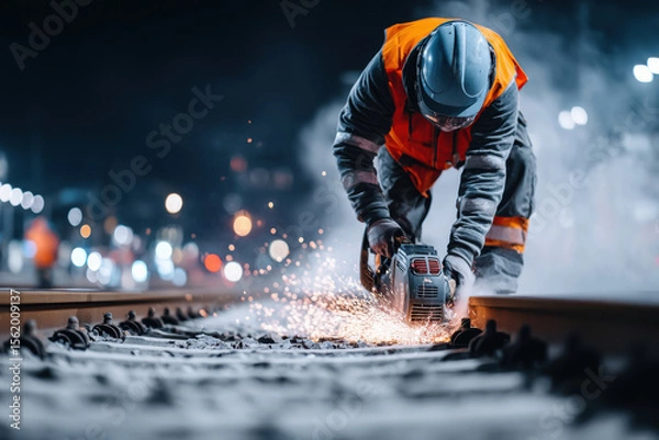 Obraz Male worker doing welding on railway track