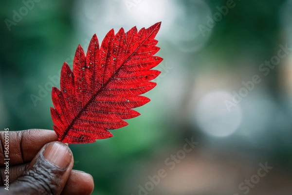 Obraz Close view of hand holding red leaf