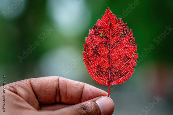 Obraz Close view of hand holding red leaf