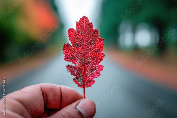 Obraz Close view of hand holding red leaf