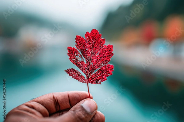 Obraz Close view of hand holding red leaf