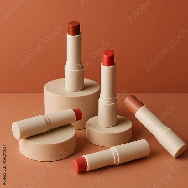 Fototapeta Elegant Makeup Mockup with Assorted Lipstick Shades in Minimalist Setting