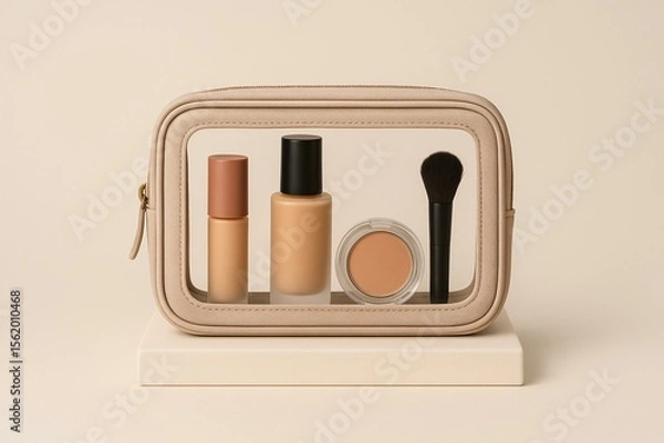 Fototapeta Elegant Makeup Set Display in Minimalist Transparent Cosmetic Bag Mockup