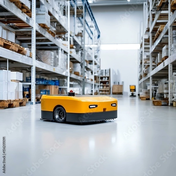 Fototapeta Warehouse automation robot navigating white floor with white background
